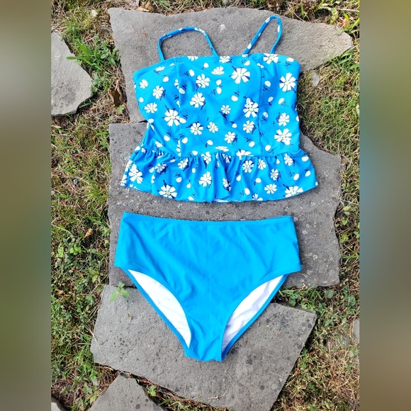 Ferbia Blue Women Falbala Bikini/Tankini Halter High Waisted Swimsuit 2PC - Picture 3 of 7